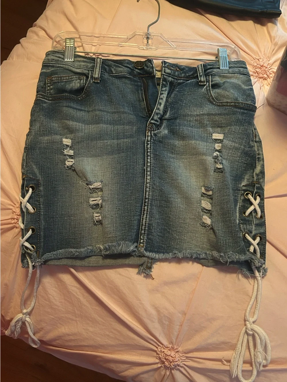 Machine Denim Skirt with White Label and Blue Wash